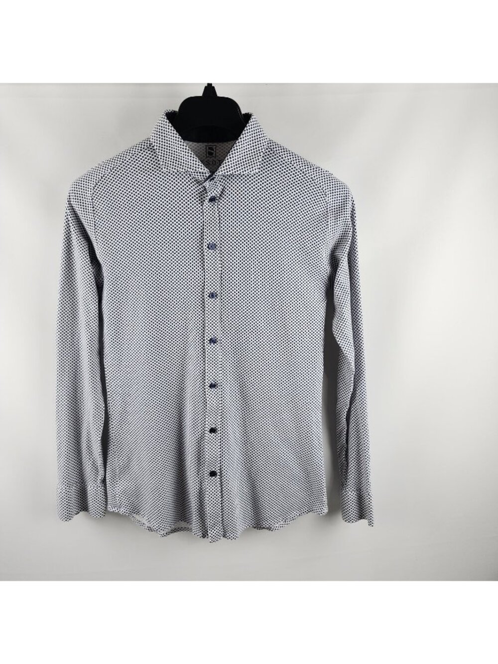 Desoto Shirt Men M European L/S Stretch Micro Geometric Pattern Blue Black White